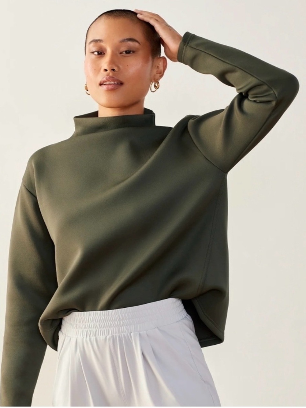 Olive High-Neck ADAY Pullover Sweatshirt| Mock neck|